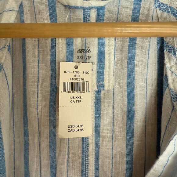 Aerie Linen Blend Coverup Shirt, NWT, Womens, Blue & White, XXS, Oversized - Picture 3 of 7